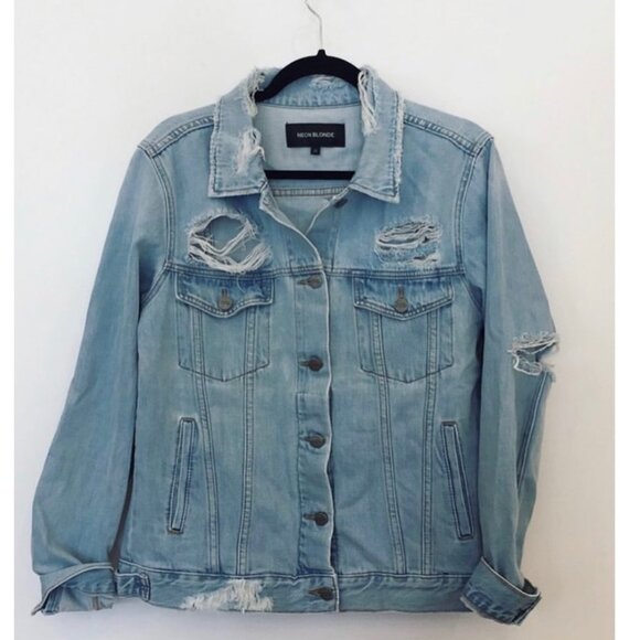 Urban Outfitters Neon Blonde Jean Jacket Light Wash Denim Distressed Blue Small - Picture 2 of 16